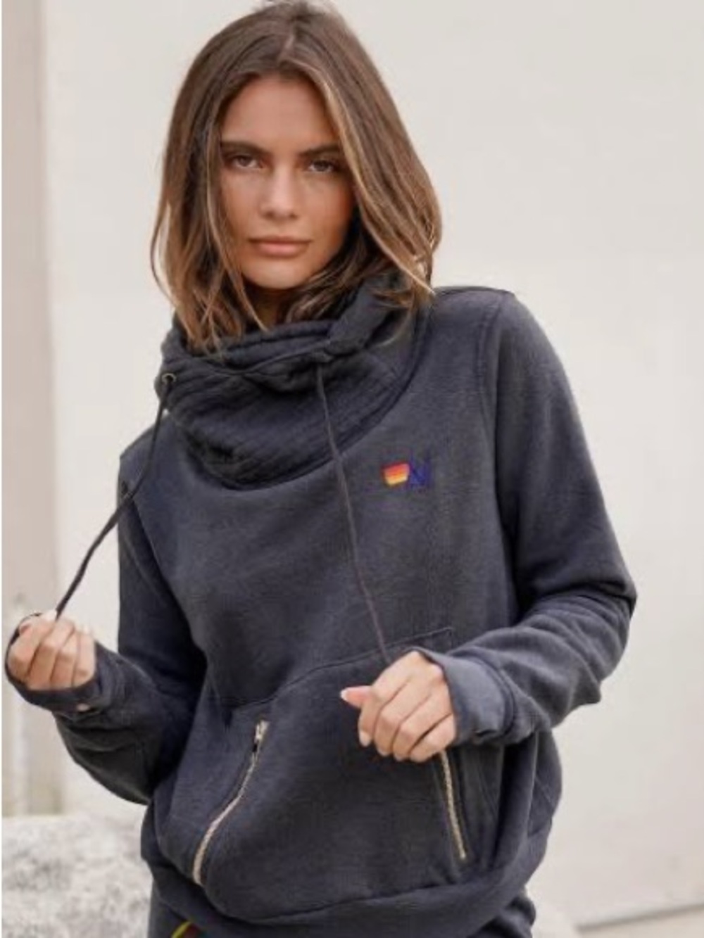 Aviator Nation Charcoal Cowl-Neck Ninja Hoodie with Rainbow Logo